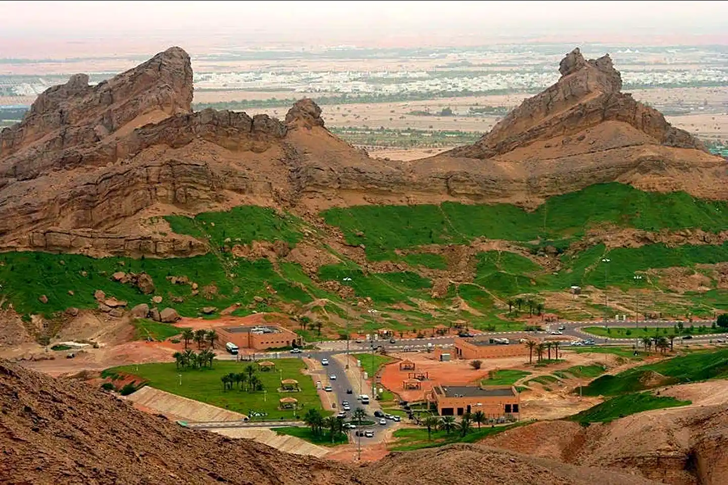 Date palm oasis and mountain backdrop in Al Ain, a day trip Dubai locals take on weekends