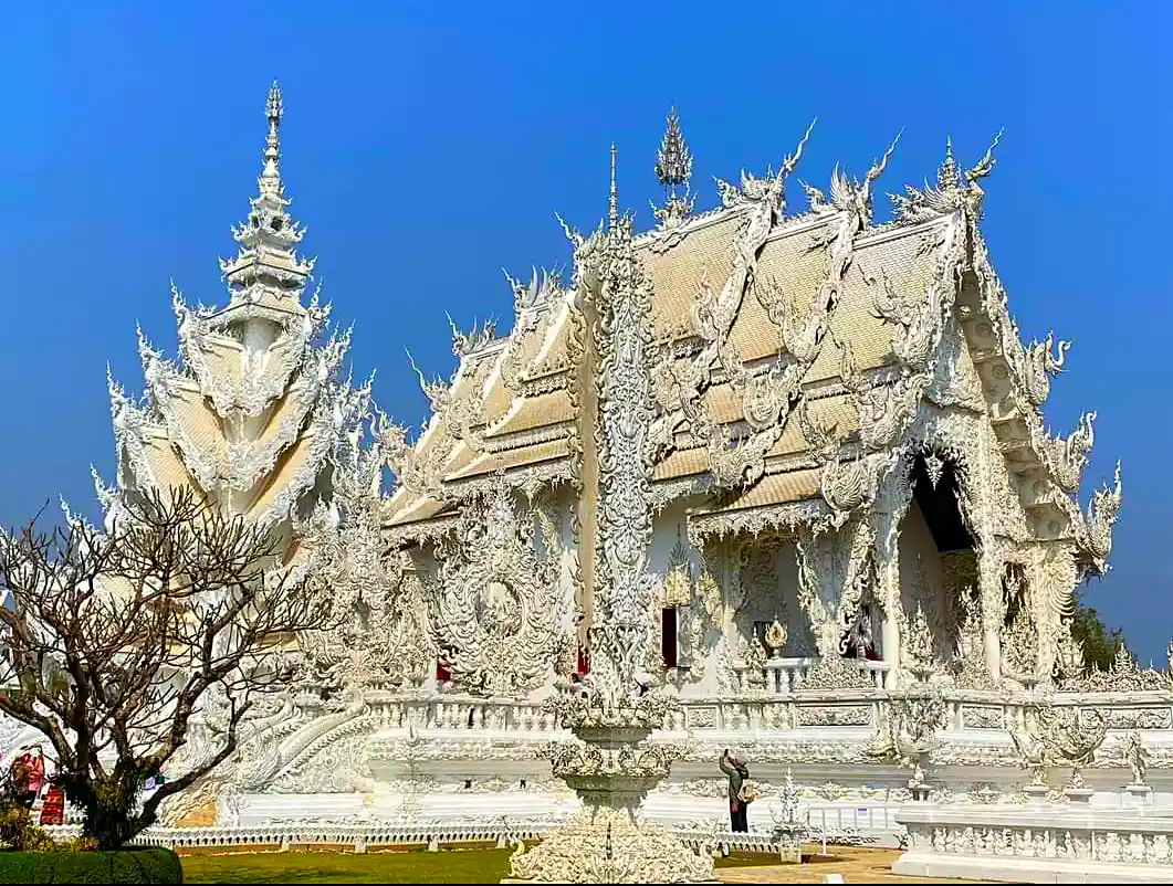 ornate white temple complex at Chiang Rai in northern Thailand