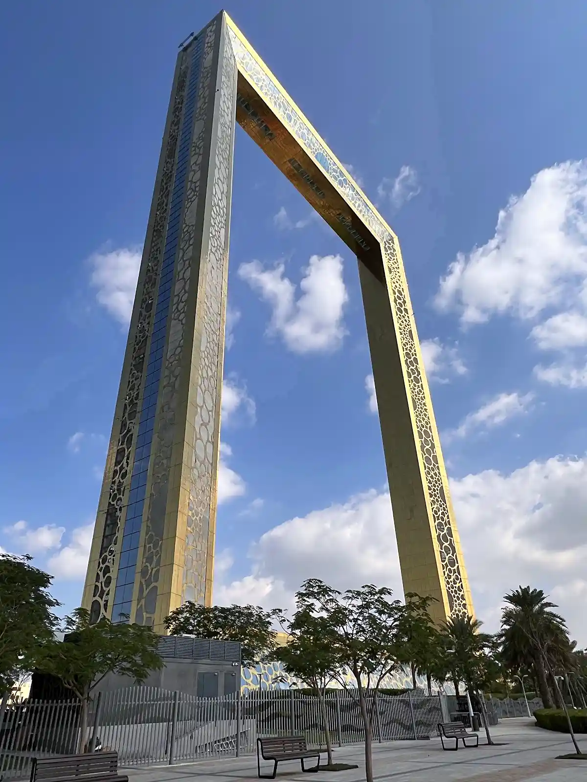 Dubai Frame structure at Zabeel Park with glass bridge offering views across old and new Dubai skylines