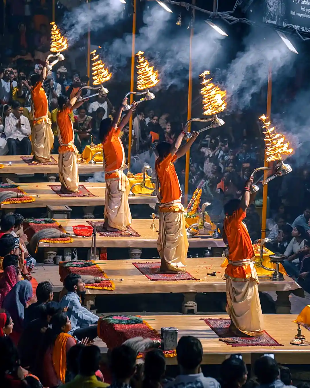 Oil lamps and aarti ceremony on the Ganges ghats in Varanasi during Diwali week