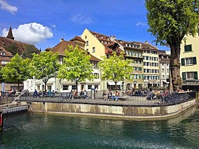 Lucerne old town with the wooden Chapel Bridge and Reuss River in Switzerland