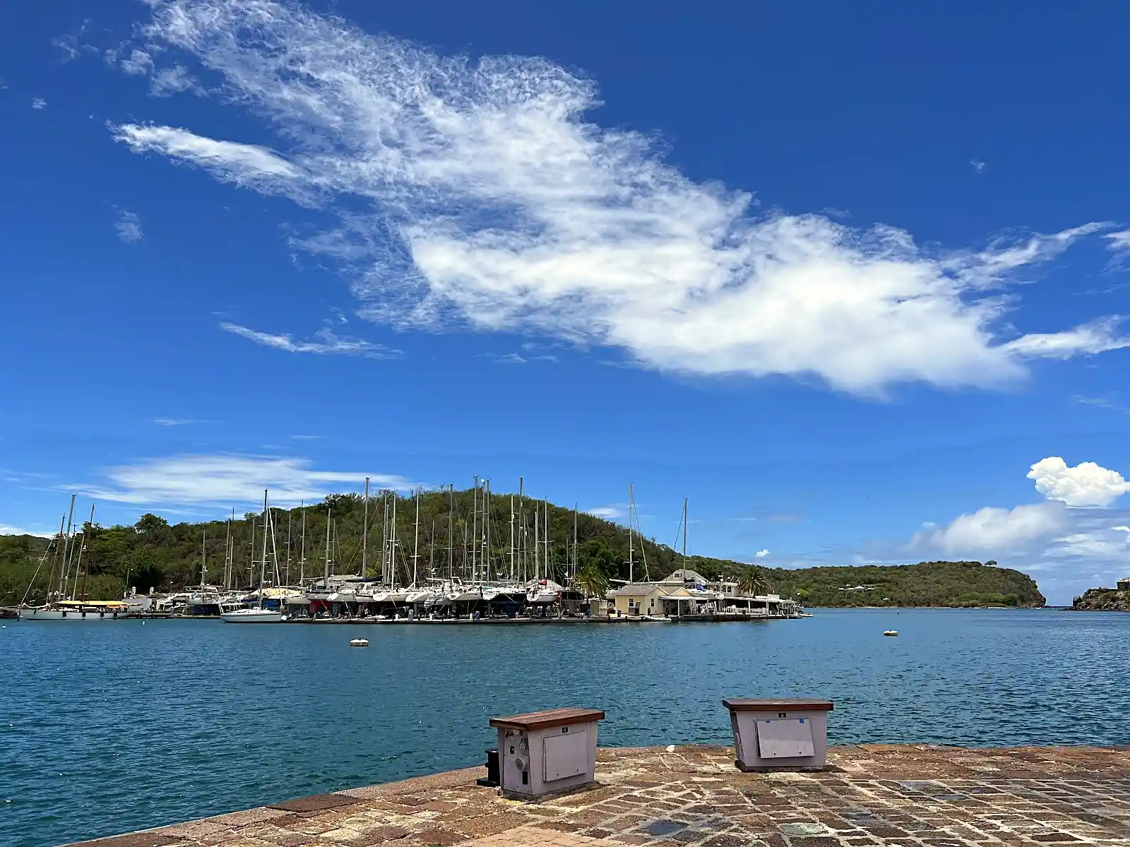 Sailboats moored at Nelson's Dockyard in Antigua, a restored 18th-century naval base