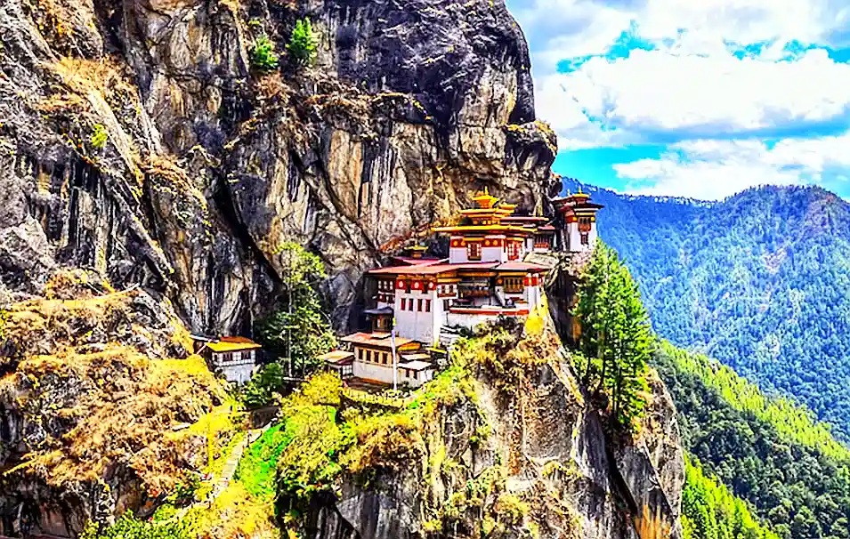 View of Tiger's Nest monastery on the cliff face in Paro Bhutan from the trail