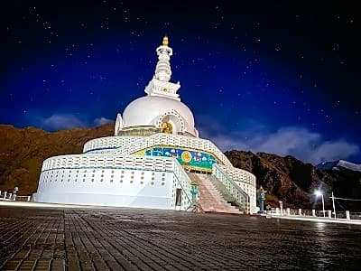 Shanti Stupa in Leh at dusk, a short walk from the market and a suitable first-day activity at altitude