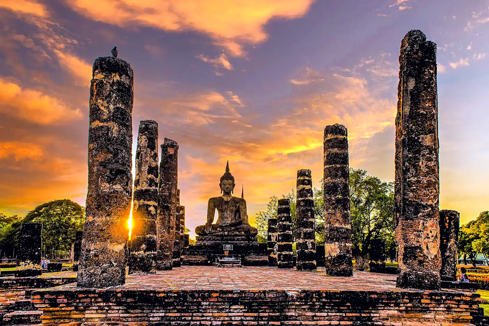 seated Buddha statue and lotus pond at Sukhothai historical park in Thailand