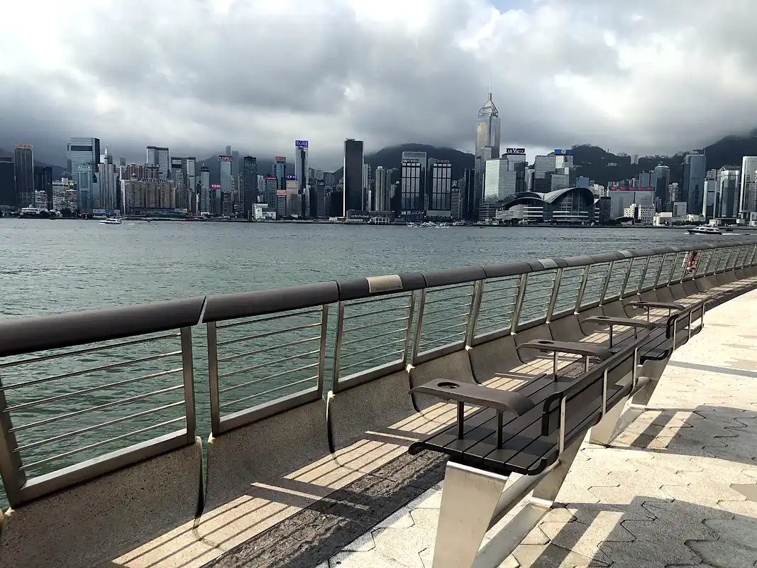 Tsim Sha Tsui promenade in Kowloon with the Hong Kong Island skyline across the harbour