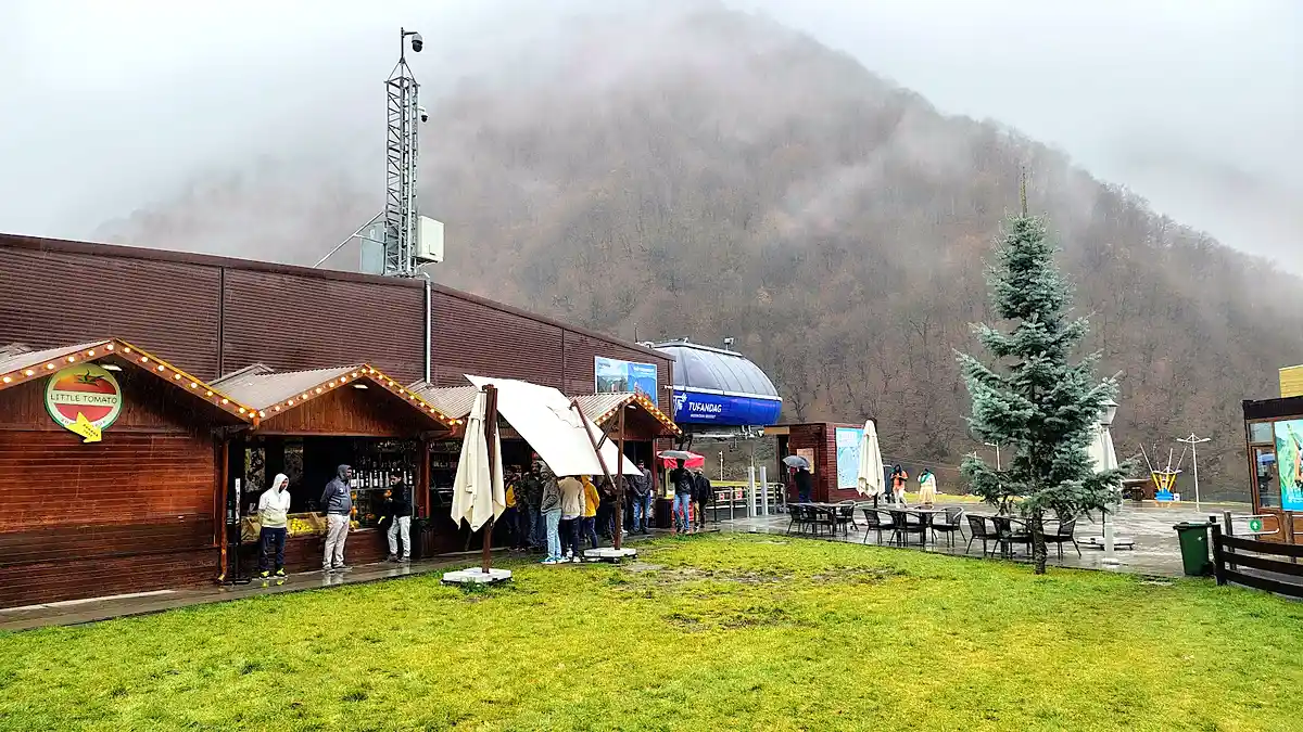 Cable car ascending through forested mountains at Tufandag near Gabala, Azerbaijan